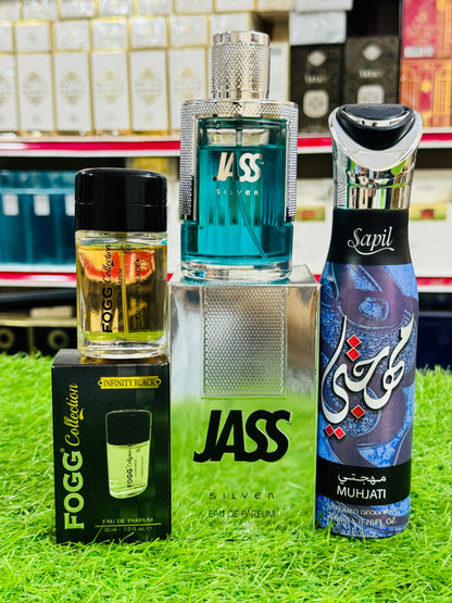 JASS silver 100 ML perfume fogg perfume 30 ML saphil spray gift 200 ML (allow to open)